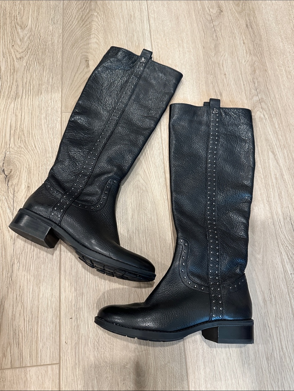 Sam Edelman Prina Style Black Genuine Leather Riding Boots with Studded Detail